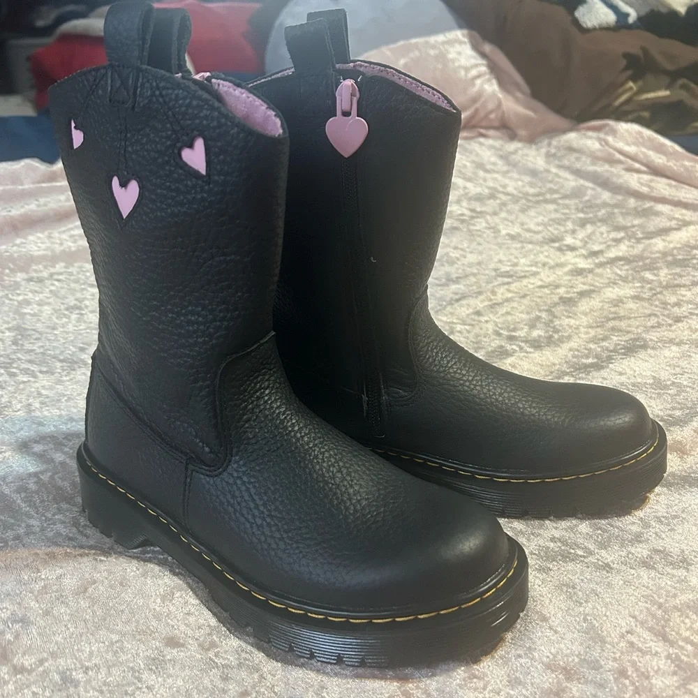 Dr. Martens Black Boots with Pink Heart Accents